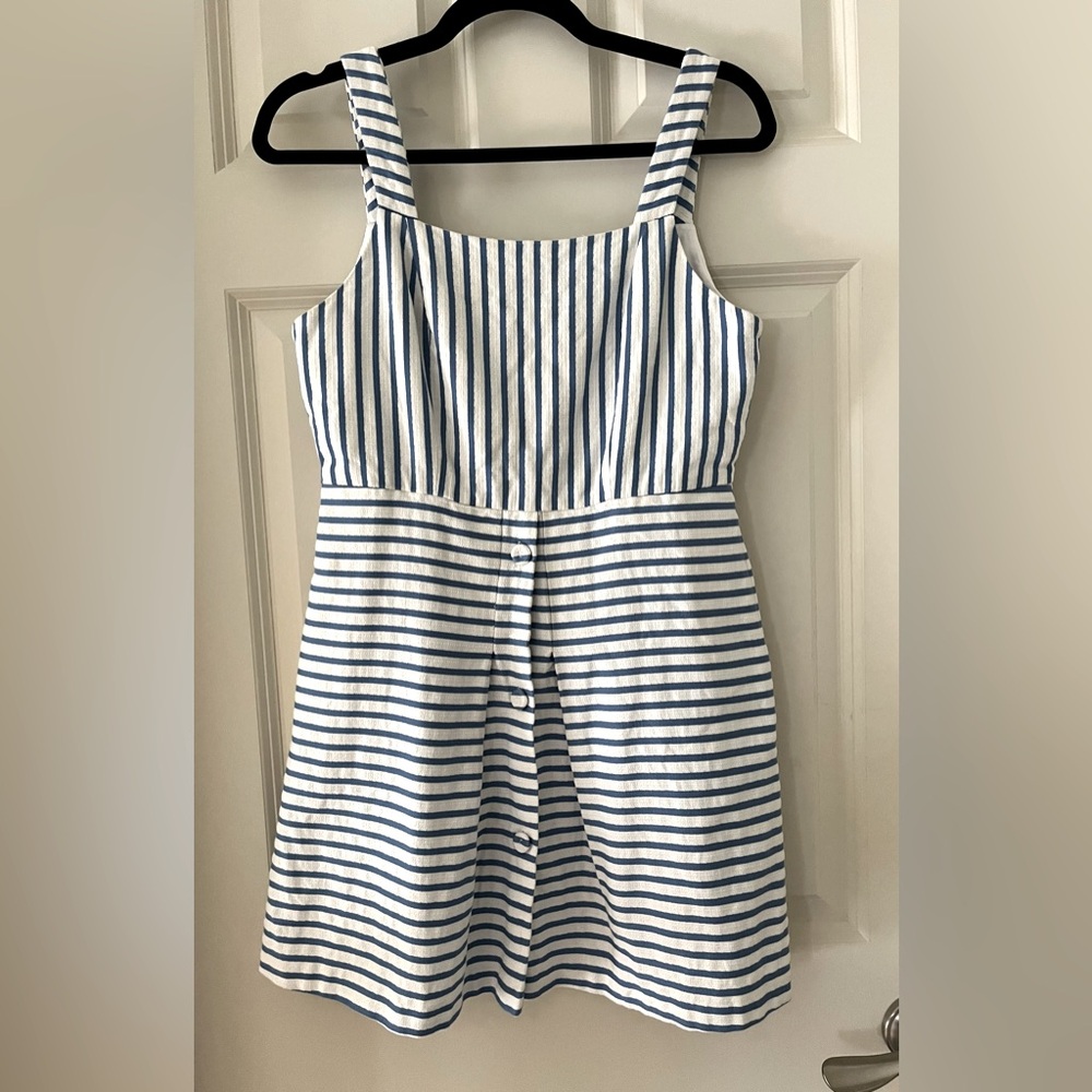 TOPSHOP Blue/White Striped Sleeveless Fit & Flare Dress Button Down w/pockets 8